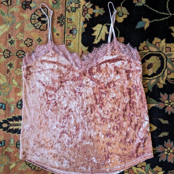 Rose Pink Crushed Velvet Lacy Camisole Tank Top - Picture 1 of 7